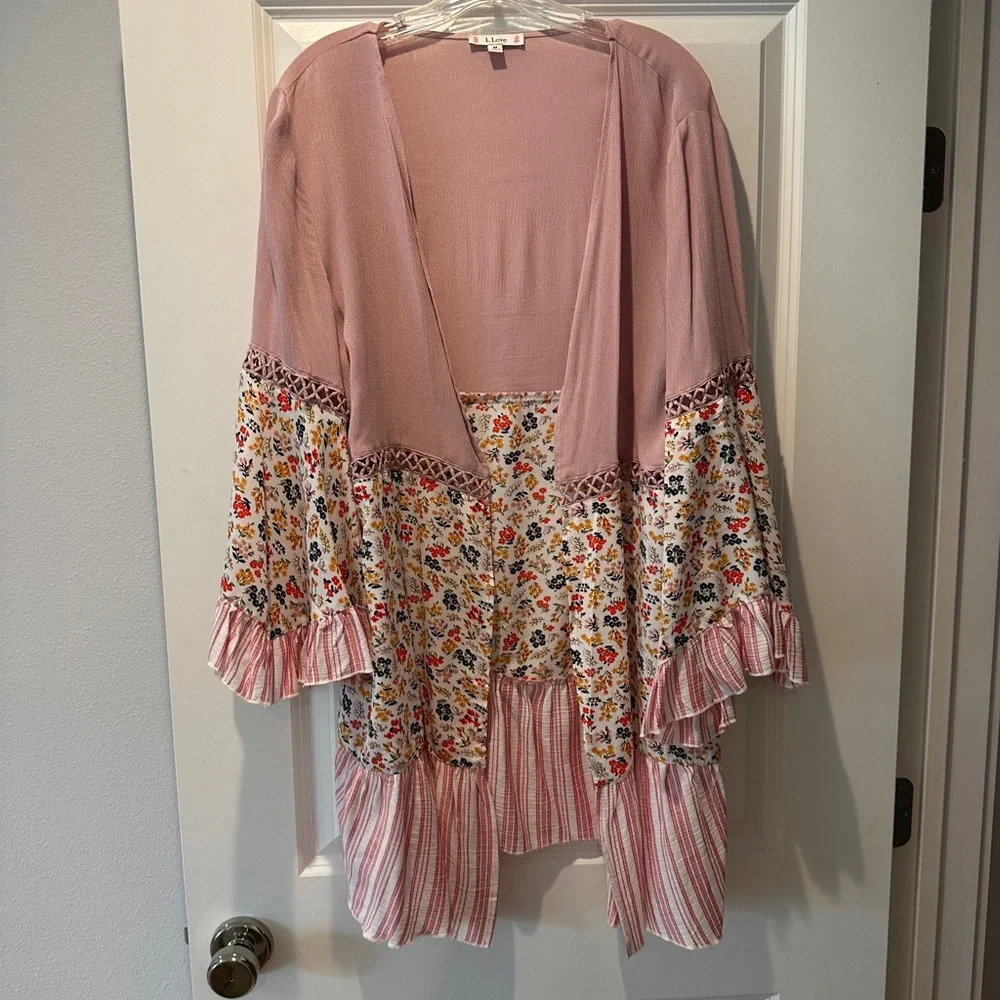 Pink Stripe Floral Kimono - Picture 1 of 7